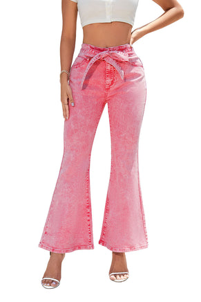 Pink Flare Leg High Waist Front Knot Casual Jeans - ElectronX Plus