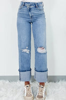 Dusk Blue High Rise Asymmetric Button Zip Fly Ripped Jeans - ElectronX Plus