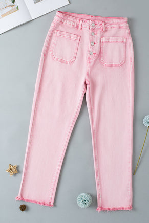 Apricot Pink Multi Buttons Raw Edge Crop Jeans - ElectronX Plus