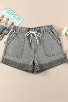 Gray Pocketed Drawstring High Waist Denim Shorts - ElectronX Plus