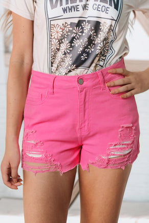 Rose Distressed Slim Fit High Waist Denim Shorts - ElectronX Plus