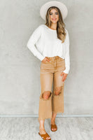 Brown Distressed Hollow-out High Waist Cropped Flare Jeans - ElectronX Plus