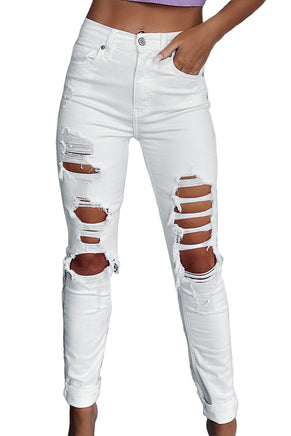 White Distressed Ripped Holes High Waist Skinny Jeans - ElectronX Plus