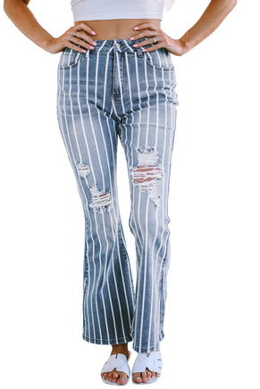 Sky Blue Vertical Striped Ripped Flare Jeans - ElectronX Plus