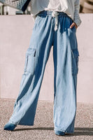 Sky Blue Drawstring High Waist Cargo Pocket Wide Leg Jeans - ElectronX Plus