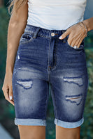 Blue Roll-up Distressed Bermuda Denim Shorts - ElectronX Plus