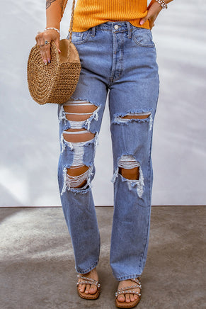 Sky Blue Heavy Destroyed Big Hole Boyfriend Jeans - ElectronX Plus