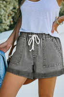 Gray Pocketed Drawstring High Waist Denim Shorts - ElectronX Plus