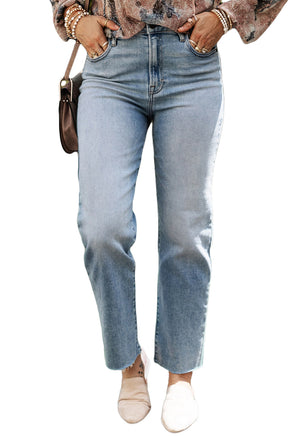 Light Blue Acid Wash Raw Edge Straight Jeans - ElectronX Plus