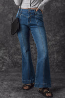 Blue High Waist Seam Stitching Pocket Flare Jeans - ElectronX Plus