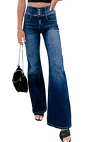 Blue Buttons Elastic Wide Waistband Back Flare Jeans - ElectronX Plus