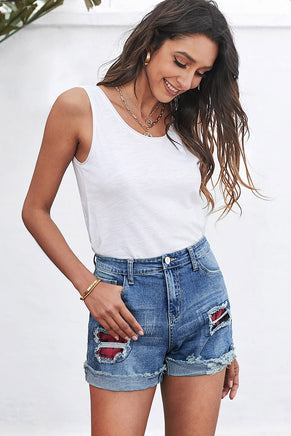 Plaid Patchwork Rolled Hem Denim Shorts - ElectronX Plus