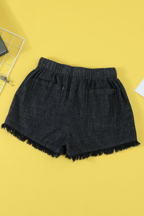 Black Casual Pocketed Frayed Denim Shorts - ElectronX Plus