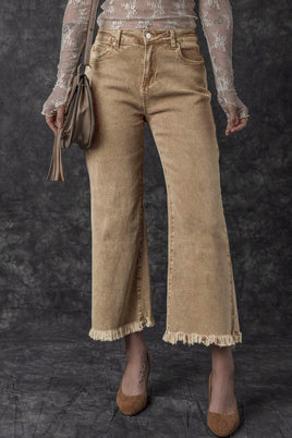 Light French Beige Acid Washed High Rise Cropped Wide Leg Jeans - ElectronX Plus