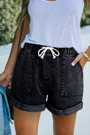 Black Pocketed Drawstring High Waist Denim Shorts - ElectronX Plus