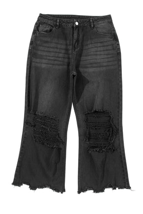 Black Distressed Hollow-out High Waist Cropped Flare Jeans - ElectronX Plus