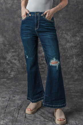 Real Teal High Rise Ripped Bell Bottom Jeans - ElectronX Plus