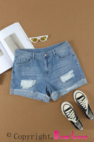 Distressed Ripped Rolled Hem Sky Blue Denim Shorts - ElectronX Plus