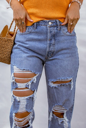 Sky Blue Heavy Destroyed Big Hole Boyfriend Jeans - ElectronX Plus