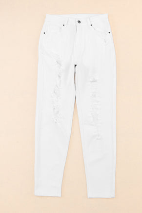 White Distressed Ripped Holes High Waist Skinny Jeans - ElectronX Plus