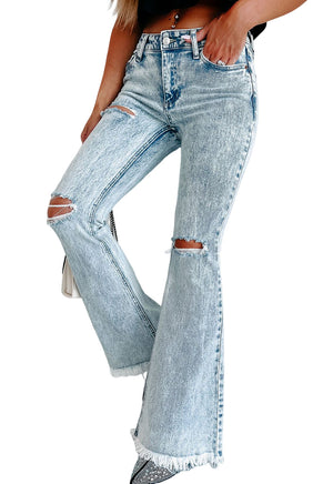 Sky Blue Distressed Acid Wash Flare Jeans - ElectronX Plus