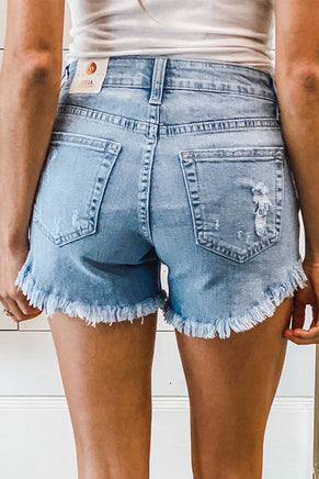 Light Blue Frayed Hem Denim Shorts - ElectronX Plus