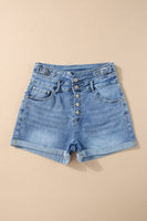 Dusk Blue Button Fly High Waist Roll Edge Denim Shorts - ElectronX Plus