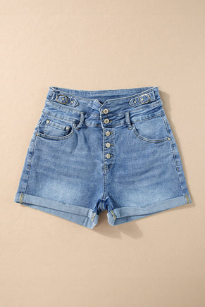 Dusk Blue Button Fly High Waist Roll Edge Denim Shorts - ElectronX Plus