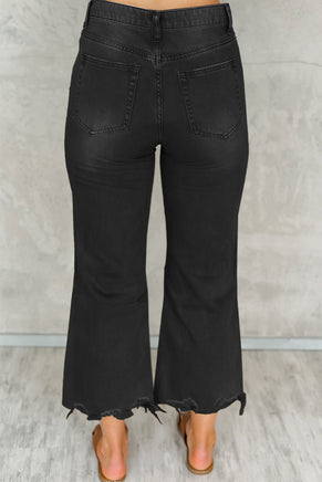 Black Distressed Hollow-out High Waist Cropped Flare Jeans - ElectronX Plus