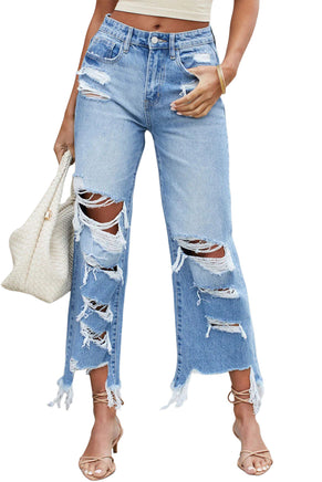 Sky Blue Heavy Destroyed High Waist Jeans - ElectronX Plus