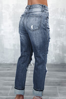 Navy Blue Light Wash Frayed Slim Fit High Waist Jeans - ElectronX Plus