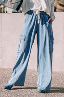 Sky Blue Drawstring High Waist Cargo Pocket Wide Leg Jeans - ElectronX Plus