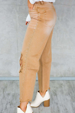 Brown Distressed Hollow-out High Waist Cropped Flare Jeans - ElectronX Plus