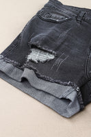 Distressed Ripped Rolled Hem Black Denim Shorts - ElectronX Plus