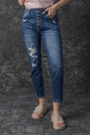 Blue Distressed Button Fly High Waist Skinny Jeans - ElectronX Plus