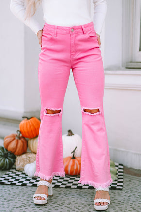 Pink Vintage High Waist Flare Leg Ripped Raw Hem Jeans - ElectronX Plus