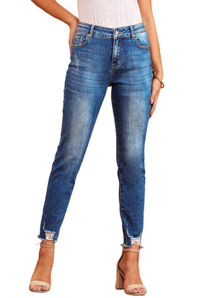 Blue Raw Hem Ankle-length Skinny Jeans - ElectronX Plus