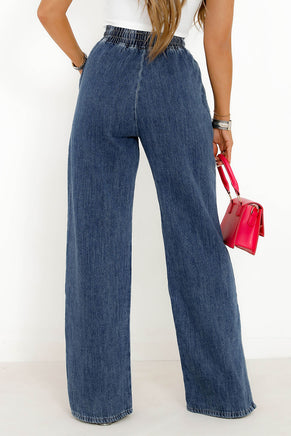 Dark Blue Drawstring Elastic Waist Wide Leg Jeans - ElectronX Plus