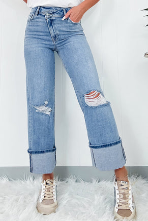 Dusk Blue High Rise Asymmetric Button Zip Fly Ripped Jeans - ElectronX Plus