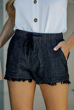 Black Casual Pocketed Frayed Denim Shorts - ElectronX Plus