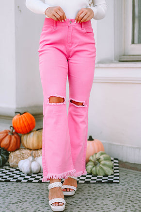 Pink Vintage High Waist Flare Leg Ripped Raw Hem Jeans - ElectronX Plus