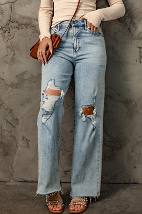 Sky Blue Distressed Frayed Hem Holed Straight Leg Loose Jeans - ElectronX Plus