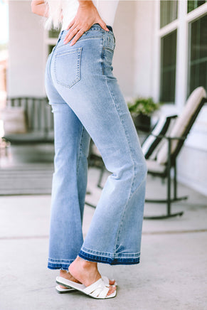 Sky Blue High Waist Buttoned Distressed Flared Jeans - ElectronX Plus