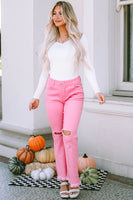 Pink Vintage High Waist Flare Leg Ripped Raw Hem Jeans - ElectronX Plus