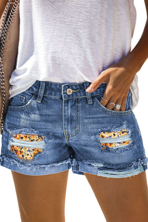 Casual Floral Patchwork Rolled Hem Denim Shorts - ElectronX Plus