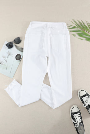 White Plain High Waist Buttons Frayed Cropped Denim Jeans - ElectronX Plus