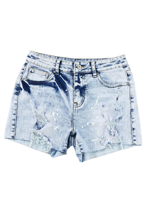 Sky Blue Distressed Bleached Denim Shorts - ElectronX Plus