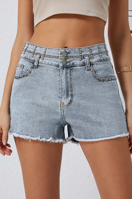 Sky Blue Diamond Studded Vintage Wash Denim Shorts - ElectronX Plus