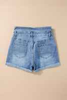 Dusk Blue Button Fly High Waist Roll Edge Denim Shorts - ElectronX Plus