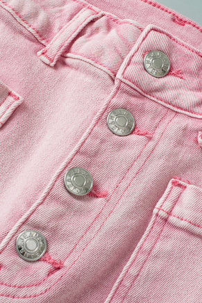 Apricot Pink Multi Buttons Raw Edge Crop Jeans - ElectronX Plus